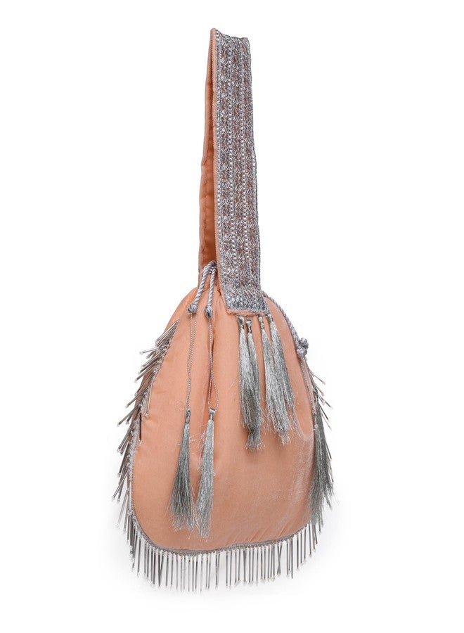 ATHZ Ethnic Handbags Royal Velvet bags for women Having latkan and Tassel embellishment with Handcrafted Strap (Peach, Silver) - Image 2